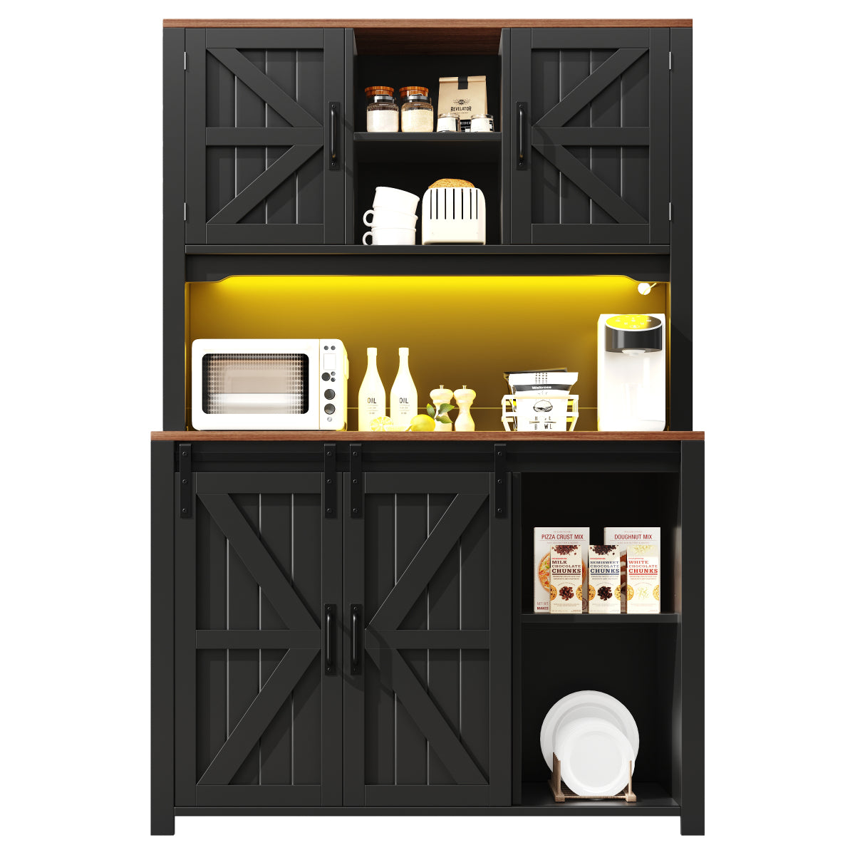 Küchenschrank 115x40x174,7cm hohes Sideboard Schwarz mit App-LED-Beleuchtung, X-Design Schiebetüren, 2 Schubladen & Magnetklappen