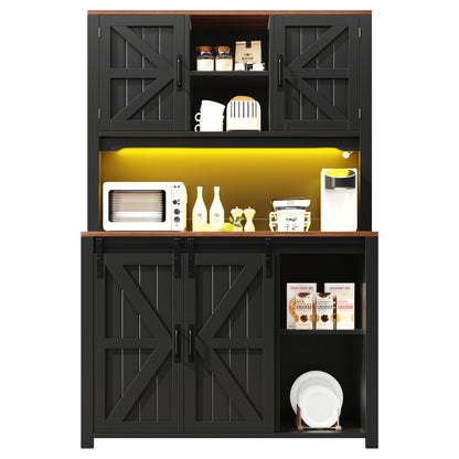 Küchenschrank 115x40x174,7cm hohes Sideboard Schwarz mit App-LED-Beleuchtung, X-Design Schiebetüren, 2 Schubladen & Magnetklappen