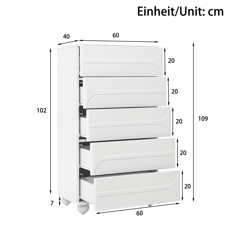 Kommode mit 5 Schubladen und elegantem Prägedesign – weiße Metallfüße, großzügiger Stauraum, abgerundete Ecken