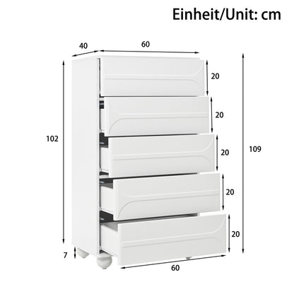 Kommode mit 5 Schubladen und elegantem Prägedesign – weiße Metallfüße, großzügiger Stauraum, abgerundete Ecken