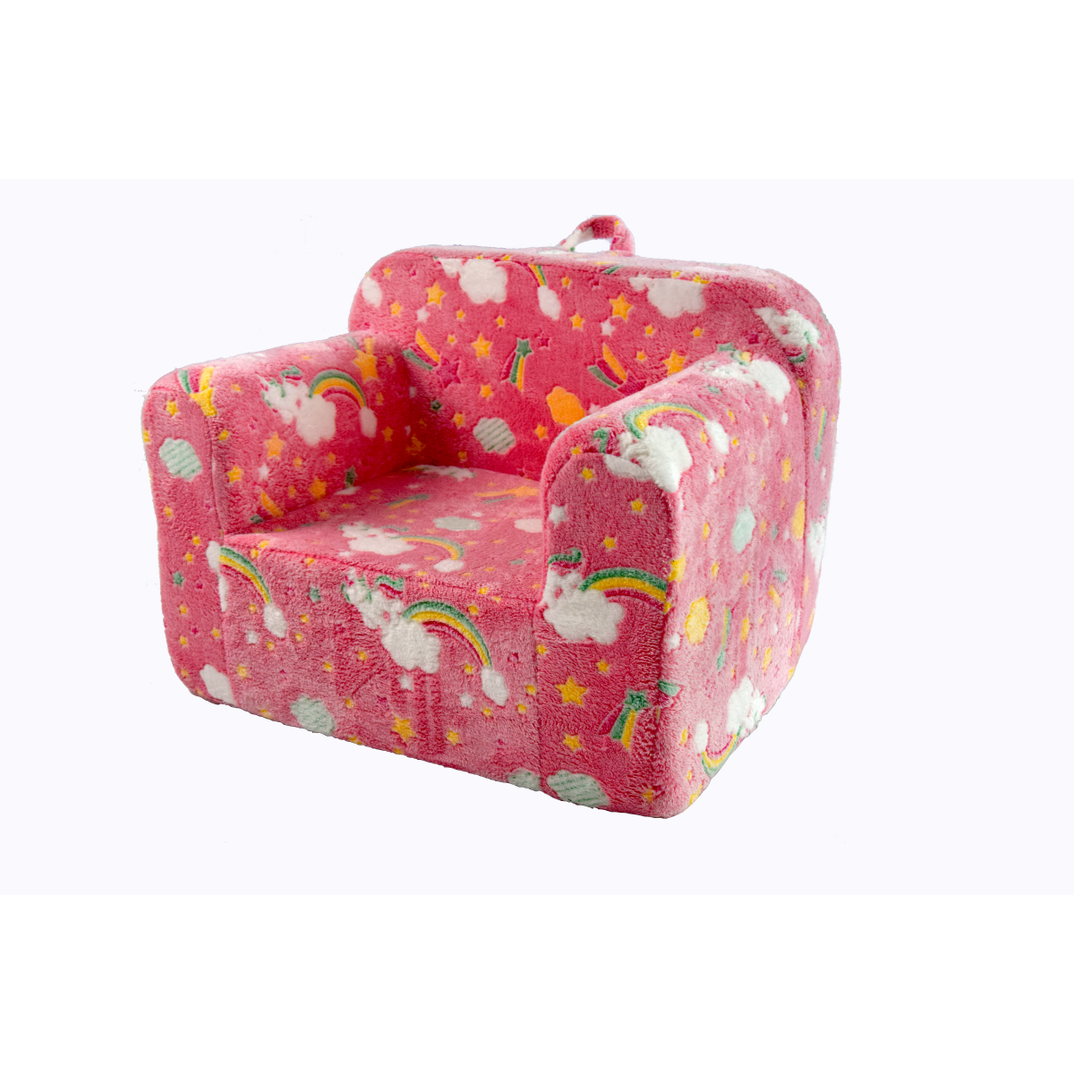 Kindersofa 3in1 mit leuchtendem Cartoon-Muster, Armlehne, waschbar, leicht, Pinkes Regenbogen