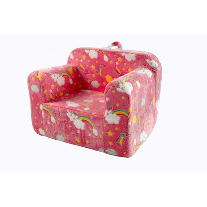 Kindersofa 3in1 mit leuchtendem Cartoon-Muster, Armlehne, waschbar, leicht, Pinkes Regenbogen