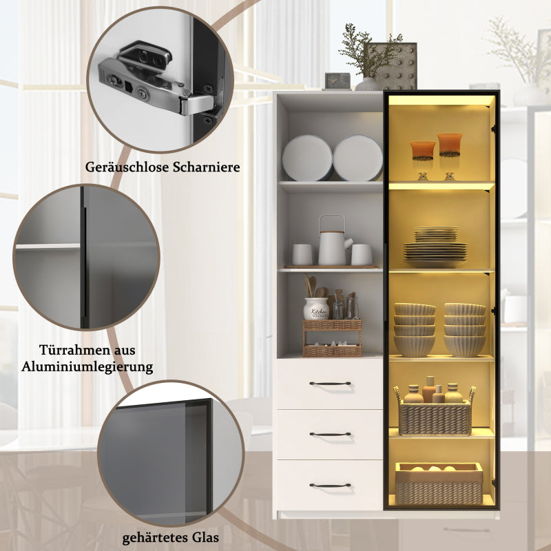 LED-Vitrine, 3 Schubladen und 3 offene Fächer, mehrfarbige LEDs, Bücherschrank, Küchenschränke 80 x 40 x 160 cm