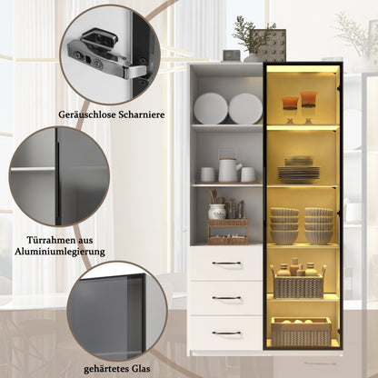 LED-Vitrine, 3 Schubladen und 3 offene Fächer, mehrfarbige LEDs, Bücherschrank, Küchenschränke 80 x 40 x 160 cm