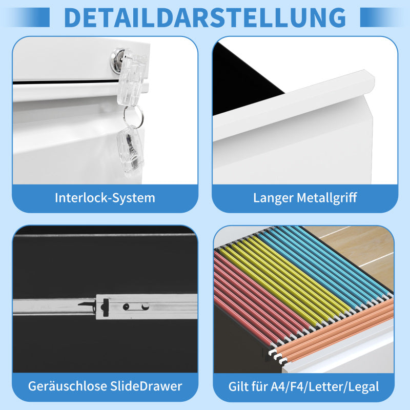 3-Schubladen-Mobil-Aktenkasten mit Schloss - Metall-Ablagekästen für Home Office Organisation – Letter, Legal und A4,Weiß,H60 cm × B37.3 cm × T44 cm.
