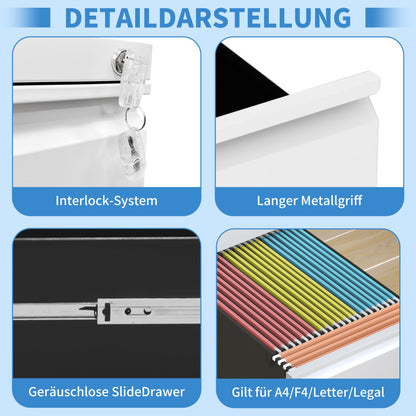 3-Schubladen-Mobil-Aktenkasten mit Schloss - Metall-Ablagekästen für Home Office Organisation – Letter, Legal und A4,Weiß,H60 cm × B37.3 cm × T44 cm.