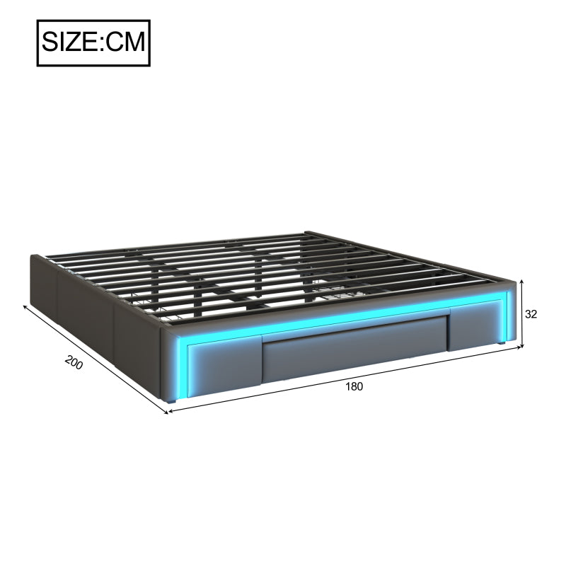 Bettgestell 180X200 mit Schubladen, PU-Leder Bett ohne Kopfteil Mit LED-Lichtleiste, MetalllattenPlattformbett für moderne Schlafzimmer Grau