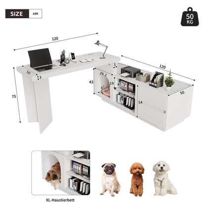 Eckschreibtisch mit integriertem Tierhaus, L-förmig oder einteilig, flexible Montage, Eckschreibtisch für Home Office mit XL-Tierhöhle, White