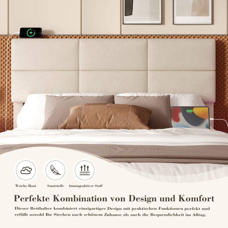 160x200 cm Modernes Velours-Polsterbett mit höhenverstellbarem Kopfteil - Inkl. USB/Type-C-Anschlüssen, LED-Ambientebeleuchtung, hydraulischem Lift-System & XXL-Stauraum (ohne Matratze) - Beige
