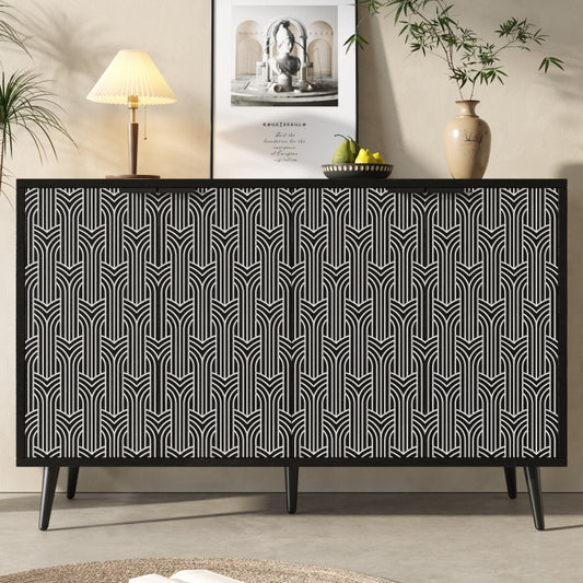 Esszimmerschrank (120×35×78cm), Esszimmer- und Wohnzimmer-Aufbewahrungsschrank, einzigartiges Schranktürdesign, freistehender Schrank, Antidumping, Fischgrätenmuster, geschnitzte Tür, schwarz