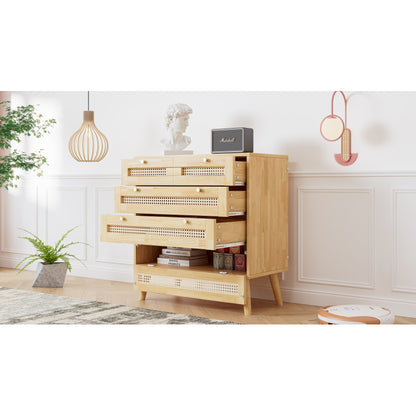 Klassische Kommode, Schrank mit 3 Schubladen, mit Rattan-Schubladenplatte, mit unterem Flip-Top-Deckel, mit goldfarbenem Metallgriff und Holzbeine, Stauraum im Wohnzimmer und Schlafzimmer, Spanplatten