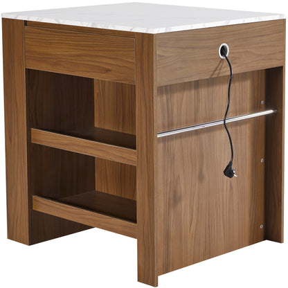 Ausziehbarer Bartisch mit Stauraum(110-124×78×97.5cm), für 2-6 Personen, Kücheninseln mit 2 Schubladen, 2 seitliche offene Regale und eingebaute Steckdose,Tischplatte aus weiß marmoriertem MDF,Braun