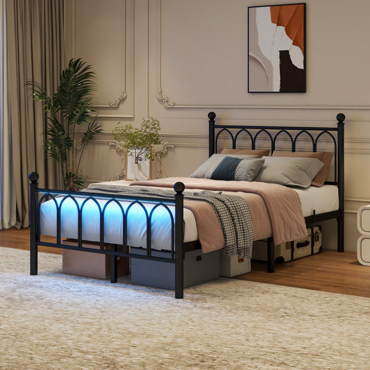 120x200cm Metall Bettrahmen mit Vintage Kopf und Fußplatte, USB-Ladestation, LED-Bettrahmen, Heavy Duty Stahl Slat Unterstützung, Reichweite Unterbett-Speicher, Keine Box-Feder erforderlich, Schwarz