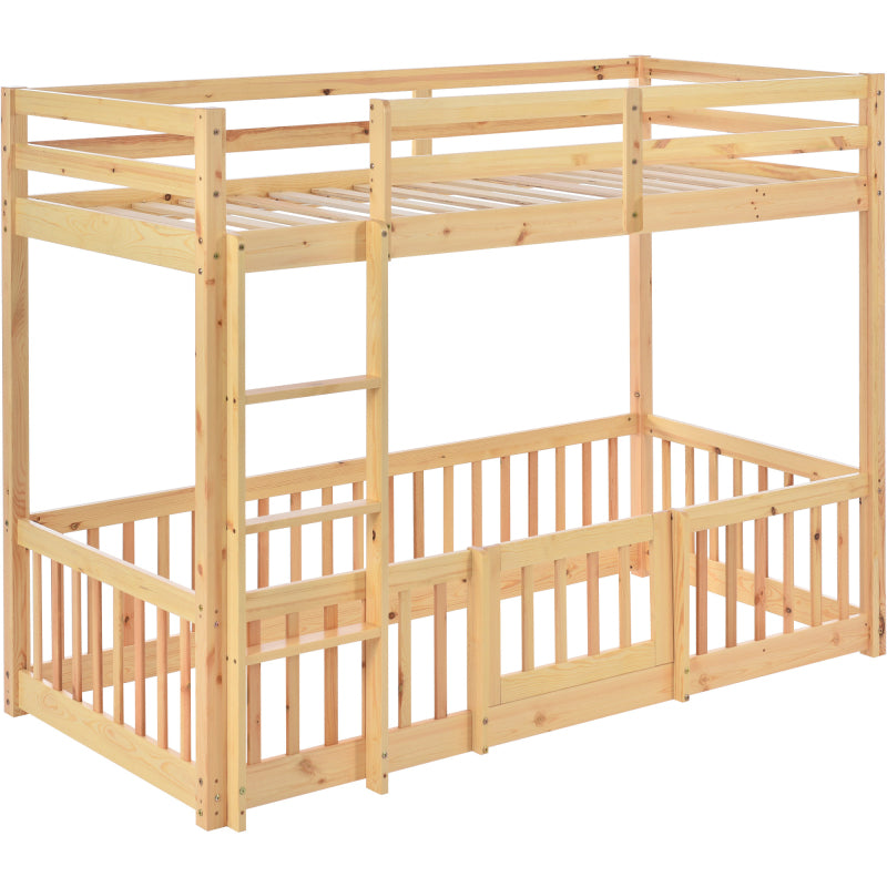 Etagenbett mit rechtwinkliger Treppe, Bett mit Zäune und Türchen, Kinderbett mit Fallschutz und Gitter, Massivholz, natur (200x90cm)