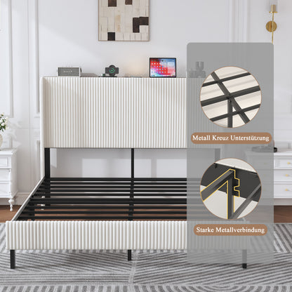 Bettrahmen gepolstertes Plattformbett mit Stoffköpfchen, Flügelkantendesign/Nicht-Rutscht- und Rauchfreien/Metalllatten/No BoxSpre 160*200