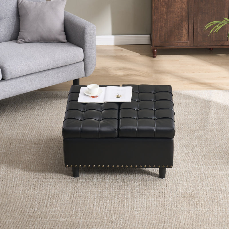 Großer quadratischer Aufbewahrungsstuhl, anhebbare Bank mit Stauraum, geeignet für Wohnzimmer Schlafzimmer Arbeitszimmer gepolsterte Aufbewahrungsbox(Black PU)