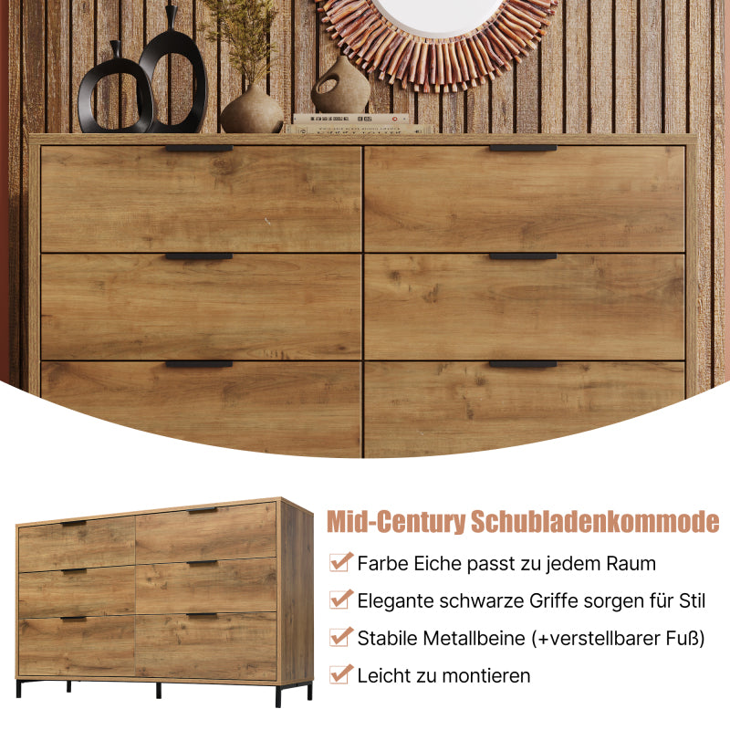 Kommode, Sideboard mit 6 Schubladen, 120 x 40 x 76 cm in Dunkle Eiche, Sideboard Highboard für Schlafzimmer & alle Wohnräume