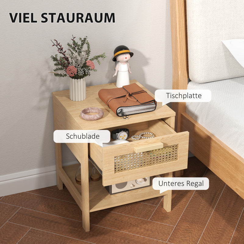HOMCOM Nachttisch Nachtschrank Beistelltisch natürlicher Nachtkommode mit Schublade offenen Ablage Rattan-Design Natur 40 x 40 x 48,4 cm