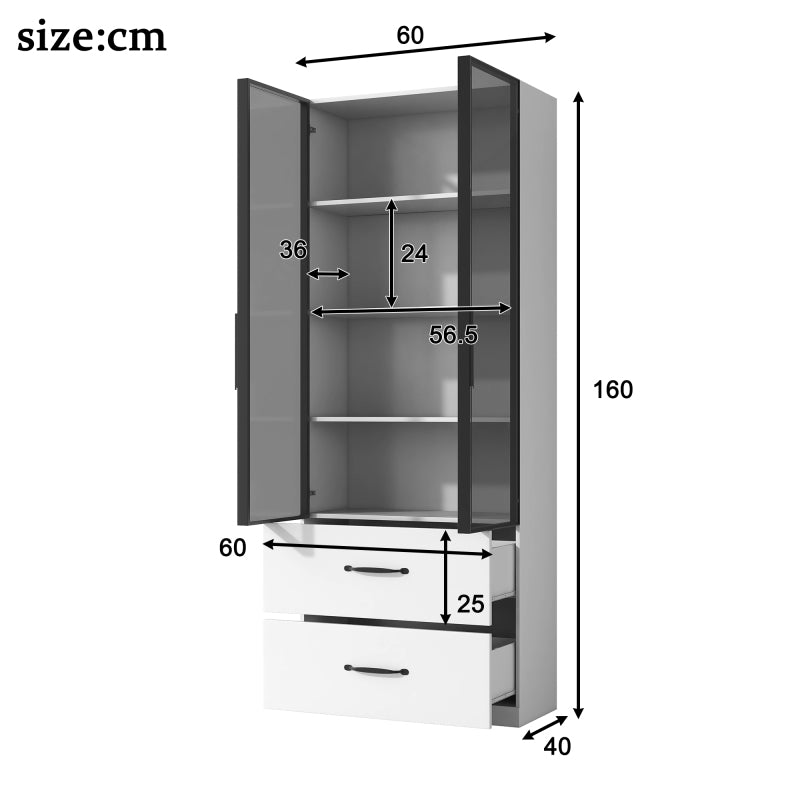 Glasvitrine, Bücherregal und Multifunktionsschrank mit Beleuchtung und Schubladen, mehrfarbige LED, 60×40×160 cm White