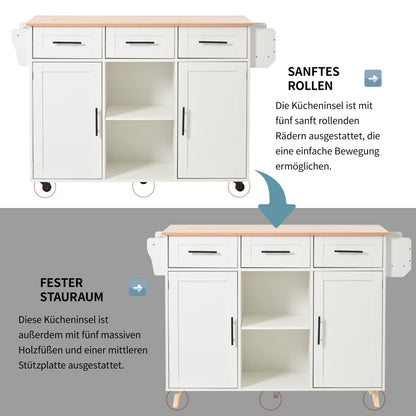 139x46(71)x91,5 cm großer Esswagen/Anrichte, Korpus weiß + Arbeitsplatte in Massivholzmaserung, klappbare Arbeitsplatte, Ablagetür, Rollen, auswechselbare Massivholzfüße, geeignet für Esszimmer, Küche