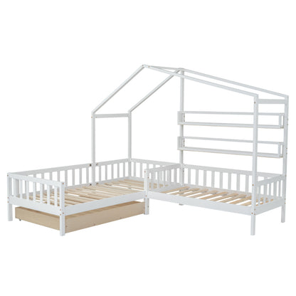 Kinderbett Hausbett mit Schubladen und Regalen, Massivholz mit Zaun und Lattenrost, L-Struktur, Weiß (90x200 cm+140x70cm)