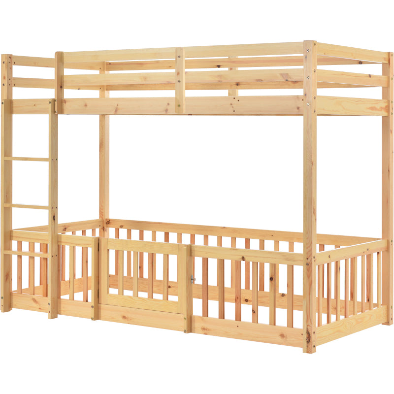 Etagenbett mit rechtwinkliger Treppe, Bett mit Zäune und Türchen, Kinderbett mit Fallschutz und Gitter, Massivholz, natur (200x90cm)