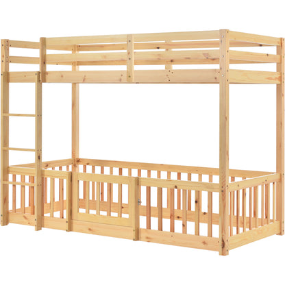 Etagenbett mit rechtwinkliger Treppe, Bett mit Zäune und Türchen, Kinderbett mit Fallschutz und Gitter, Massivholz, natur (200x90cm)