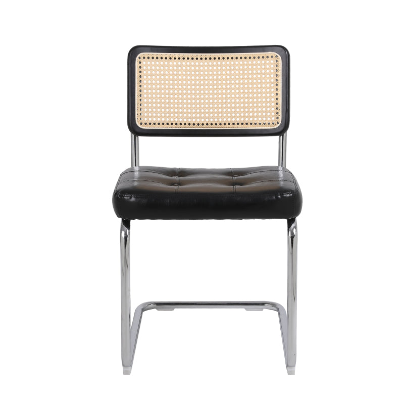 Mittelalterliche moderne Esszimmerstühle, ein Satz von 2-Rattan Esszimmerstühlen mit weichen gepolsterten Kunstlederelementen, armlose Mesh Rückenlehne Rattan Stühle, Metall Chrom Beine(Black)
