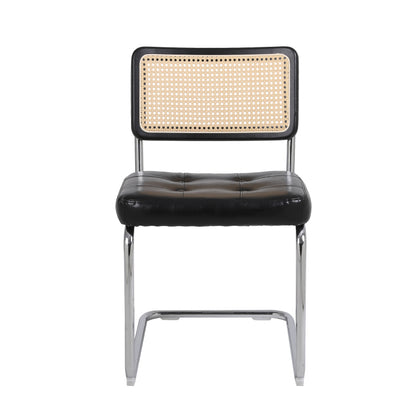 Mittelalterliche moderne Esszimmerstühle, ein Satz von 2-Rattan Esszimmerstühlen mit weichen gepolsterten Kunstlederelementen, armlose Mesh Rückenlehne Rattan Stühle, Metall Chrom Beine(Black)