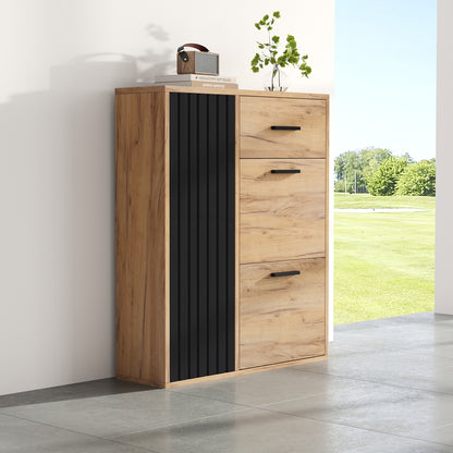 Schuhschrank Schwarz/Natur 80x24x95,5 cm mit 2 Klappen, 1 Tür & Schublade, verstellbare Regale, moderne Griffe