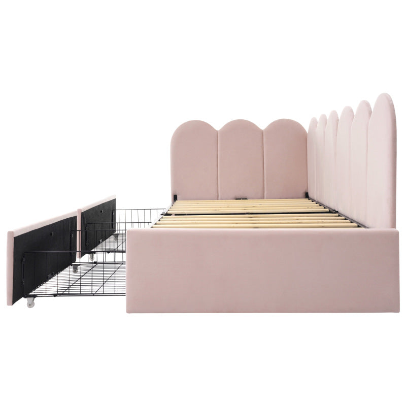 Polsterbett Einzelbett mit Schubladen Stauraumbett Samt Daybett Tagesbett Schlafsofa 90x190cm mit Lattenrost Jugendbett und Erwachsene Kinderbett,Rosa(Ohne Matratze)