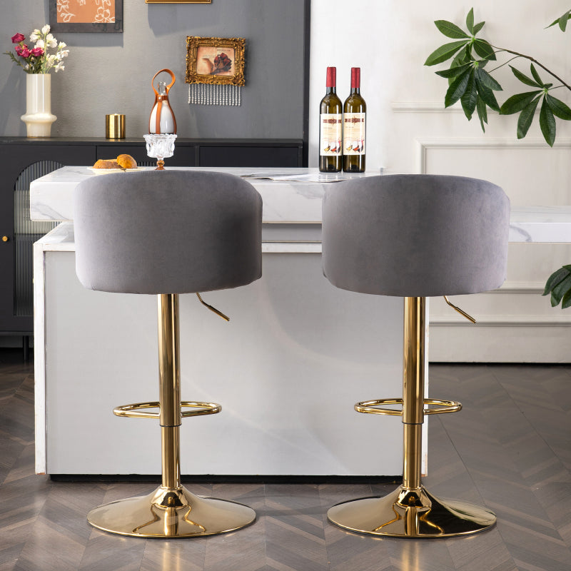 Modern rotatable height adjustable bar stools, modern bar stools for kitchen, bar, and restaurant counters, lift stools with middle backrest and gold footrest (Grau Set of 2)