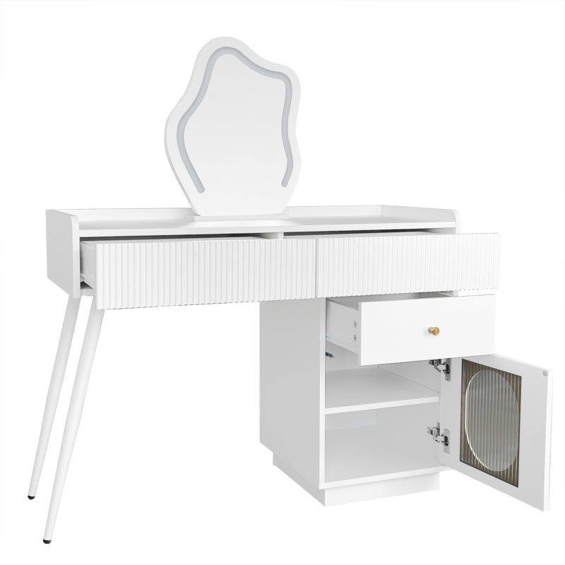 Schminktisch mit LED-Spiegel und Beleuchtung - Weißes Schminktisch-Set für Schlafzimmer mit drei geräumigen Schubladen und einer Tür (ohne Hocker)
