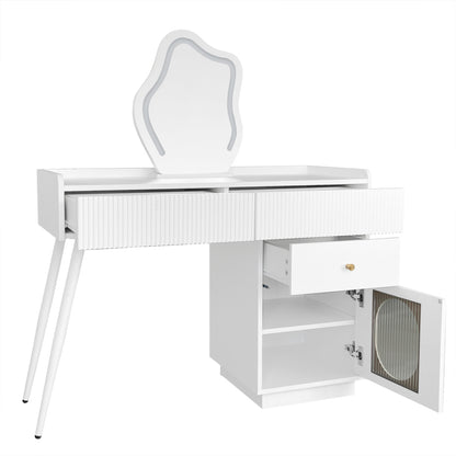Schminktisch mit LED-Spiegel und Beleuchtung - Weißes Schminktisch-Set für Schlafzimmer mit drei geräumigen Schubladen und einer Tür (ohne Hocker)