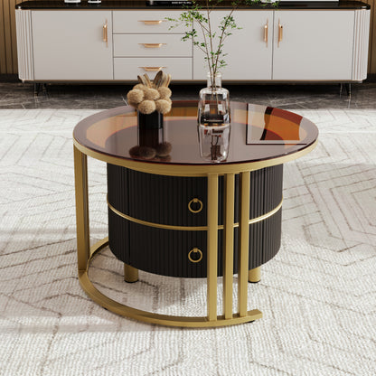 2-in-1 runder MDF-Couchtisch, Beistelltisch mit 1 Hochglanz-Tischplatte und 1 brauner Tischplatte aus gehärtetem Glas, Wohnzimmer-Couchtischkombination mit 2 Schubladen, 70*70*45 + 50*50*40 cm