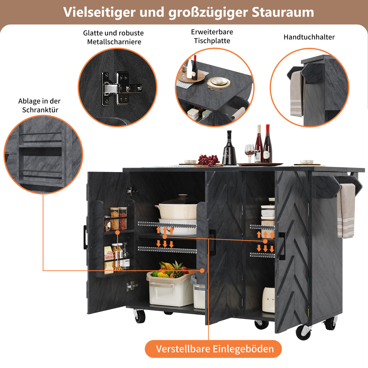 Mobile Kücheninsel 118x75cm Klappbar Servicewagen Grau mit Rollen, 3 Türen, 3 Schubladen & 3D-Wellenmuster Design, Küchenwagen