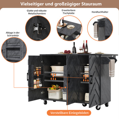 Mobile Kücheninsel 118x75cm Klappbar Servicewagen Grau mit Rollen, 3 Türen, 3 Schubladen & 3D-Wellenmuster Design, Küchenwagen