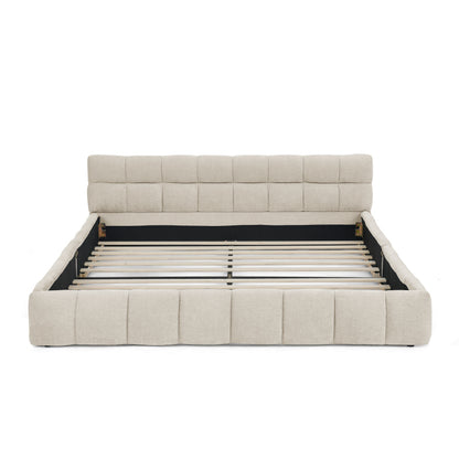 Doppelbett 160x200 cm, Bett mit seidig weichem Chenille - Bezug, quadratischem Steppdesign, Beige (ohne Matratze)