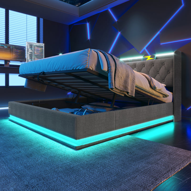 Polsterbett Doppelbett, 360-Surround-LED-Funktion, Drucktaste/App/Fernbedienung,180*200 cm,Grau Leinen-Material Hydraulisches Lagerbett, gepolstertes Kopfteil mit USB Typ-C Ladefunktion(Ohne Matratze)