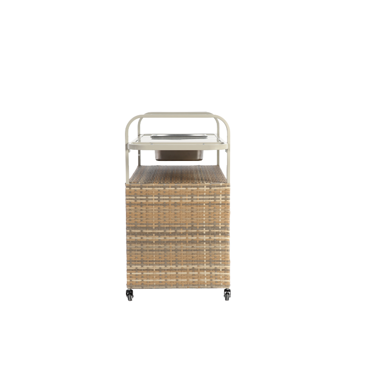 Outdoor Bar Table, Wicker Bar Cart with Cabinet, Patio Serving Cart with steel Top, with one ice bucket,Lockable Wheels, Side Basket for Garden, Poolside & Backyard, Beige
