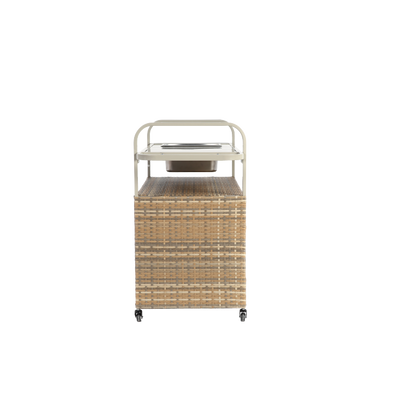 Outdoor Bar Table, Wicker Bar Cart with Cabinet, Patio Serving Cart with steel Top, with one ice bucket,Lockable Wheels, Side Basket for Garden, Poolside & Backyard, Beige