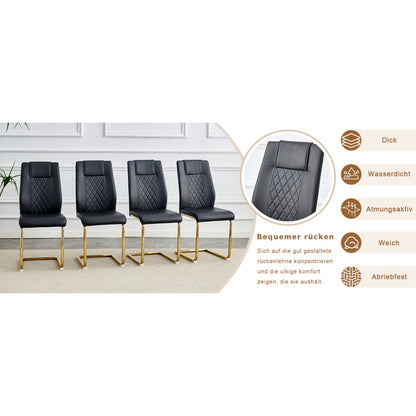 Nordischer Stil schwarzer PU Stuhl (vier Ränge in einem Paket) - Rückenlehne mit diamantförmigem Gitternäht Design, glänzend goldene Metallbeine