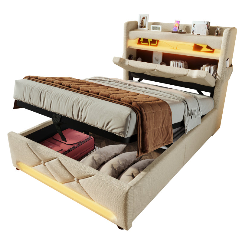 Polsterbett Einzelbett 90*200, Stauraum Kopfteil mit USB und Typ C-Port ,360-Surround-LED-Funktion rund um Kopf- und Fußende des, Betten mit Hydraulisch Stauraum, Beige , Leinen(Ohne Matratze)