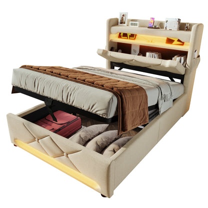 Polsterbett Einzelbett 90*200, Stauraum Kopfteil mit USB und Typ C-Port ,360-Surround-LED-Funktion rund um Kopf- und Fußende des, Betten mit Hydraulisch Stauraum, Beige , Leinen(Ohne Matratze)