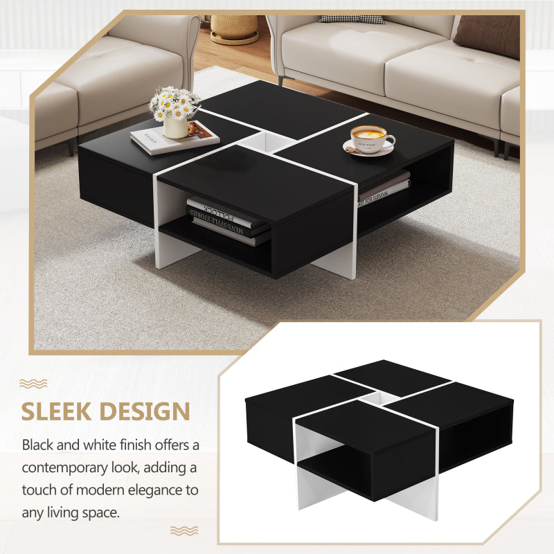 Moderner quadratischer Couchtisch 70x70x35cm - Schwarz-weißes Design, 5 offene Fächer, mittleres Ablagefach 10x10cm, Belastbarkeit 30KG, schwarzer quadratischer Couchtisch