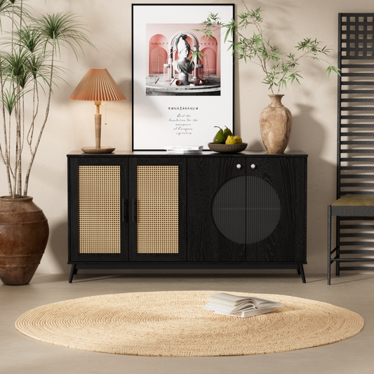 Sideboard mit Glastüren aus Rattan, halbrunde Tür, hochwertige Aufbewahrungsmöbel