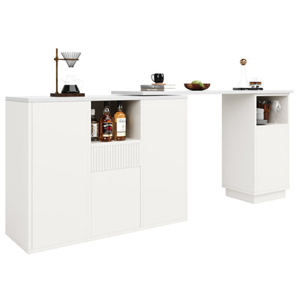Um 360° drehbarer Bartisch (Hauptkörper 198,5 x 30 x 75 cm), modernes und schlichtes weißes Design, mit offenem Stauraum und Marmor-Arbeitsplatte, geeignet für Küche, Wohnzimmer und Esszimmer