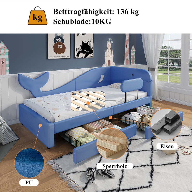 Kinder-Spleißbett, Polsterbett, Tagesbett, Walförmiges Design, Schlafsofa mit Metallbettgestell, 2 Schubladen auf Rollen, PU+MDF+Sperrholz, Blau, 90x200cm