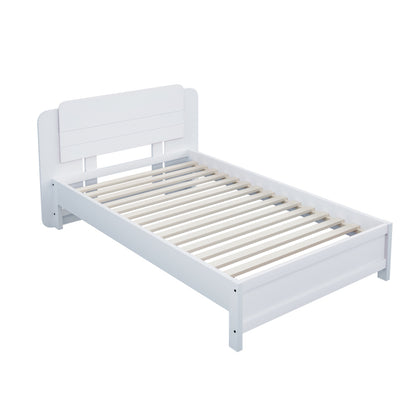 Holzbett 90*200 cm , Einzigartige und Minimalistische Form, Kopfteil mit Liniendesign, Kindereinzelbett, Weiß