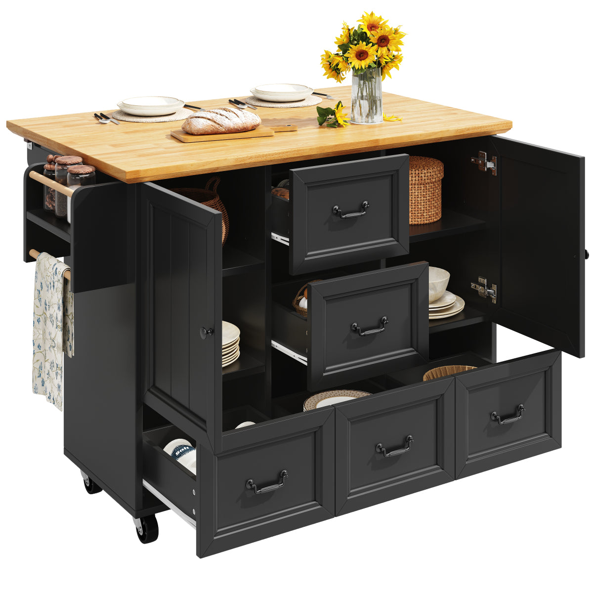Kücheninsel mit Rollen & klappbarer Arbeitsplatte, Küchenwagen mit 5 Schubladen, Handtuchhalter & Gewürzregal, Sideboard 120cm, Weiß/Schwarz